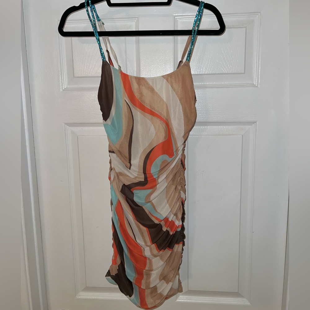 Lucy in the Sky Retro Swirl Mini BodyCon Ruched Dress